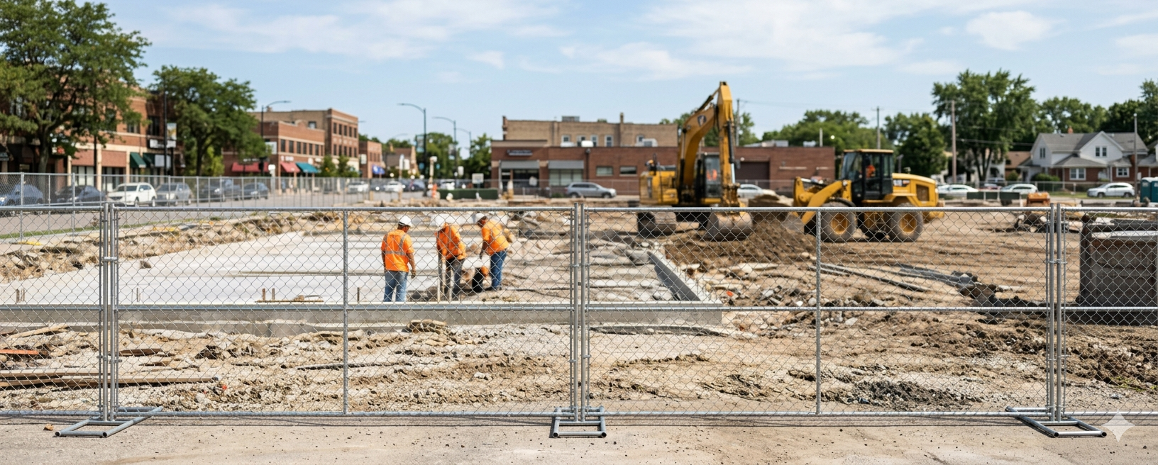 Wide shot of temporary chain-link fence installed on active construction site in Chicago suburb