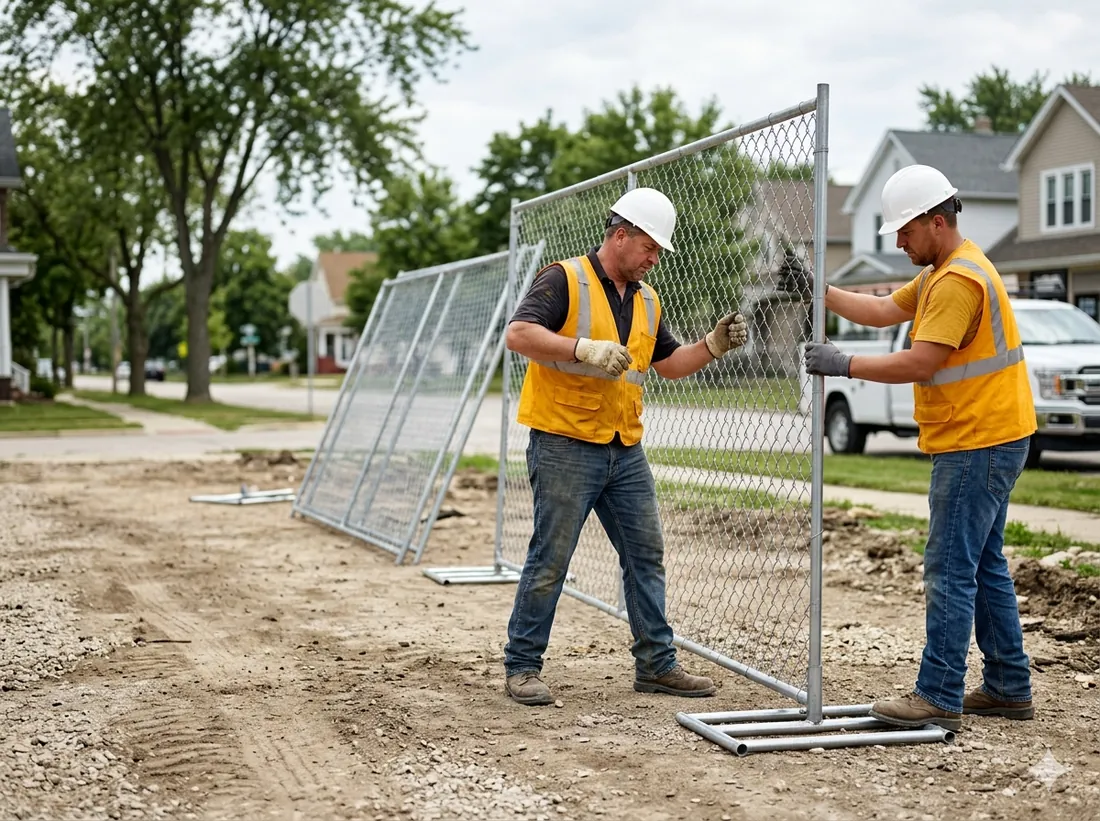Master Guys crew installing temporary fence panels on job site with amber safety vests in Chicago suburb