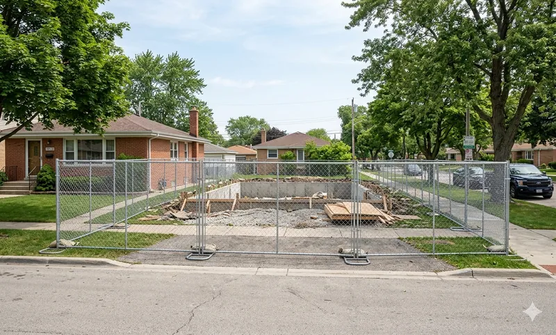 Chain-link temporary fence panels on residential construction site in Oak Lawn IL