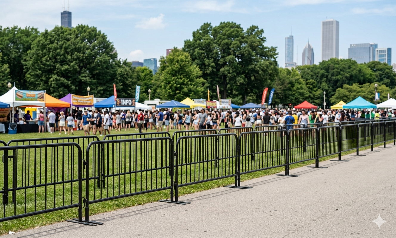 Crowd control barriers at outdoor public event in Chicago park setting
