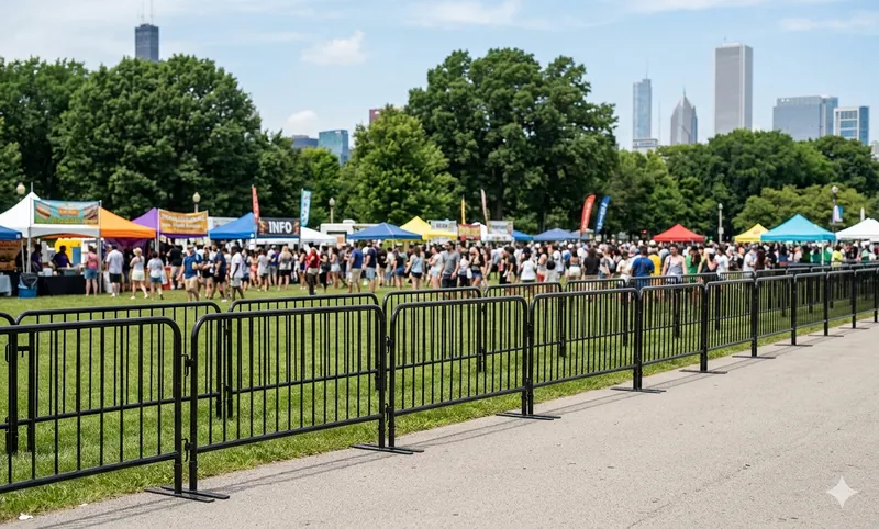 Crowd control barriers at outdoor public event in Chicago park setting