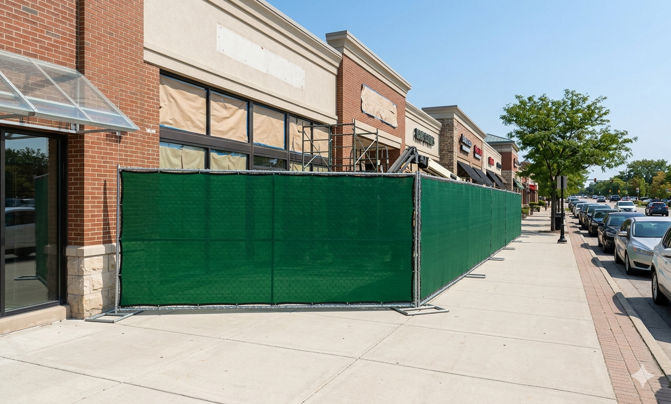 Temporary fence with green privacy screen on commercial retail remodel site in Naperville IL