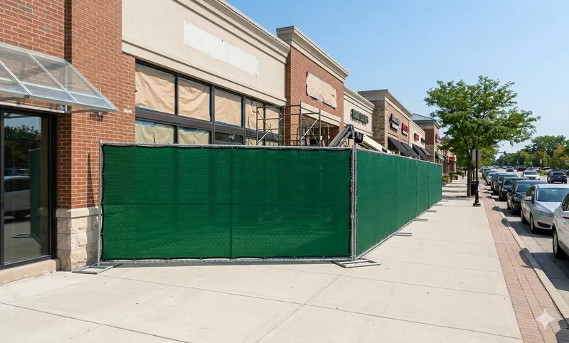 Temporary fence with green privacy screen on commercial retail remodel site in Naperville IL